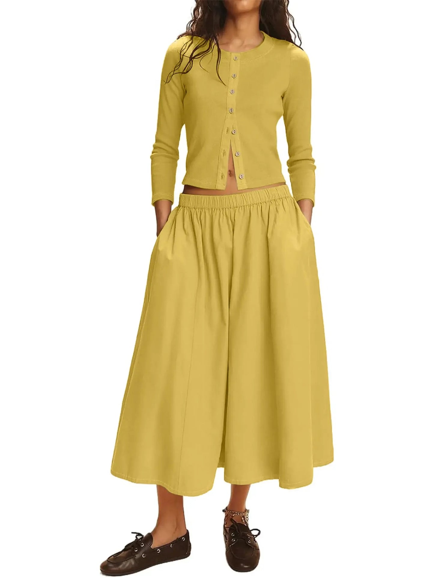 Women's Long Sleeve Crop Top Flowy Midi Skirt Two‑Piece Outfit
