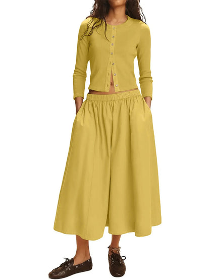 Women's Long Sleeve Crop Top Flowy Midi Skirt Two‑Piece Outfit