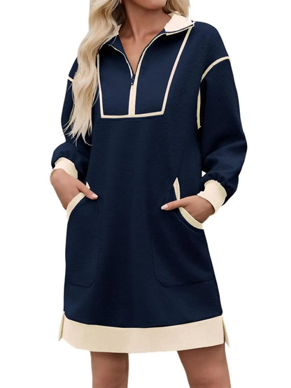 Women's Half Zip Contrast Trim Pocket Dress