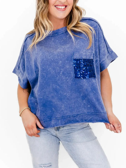 Women's Sequin Pocket Washed Oversized Tee