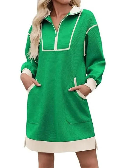 Women's Half Zip Contrast Trim Pocket Dress