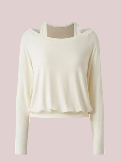 Women's Halter Off-Shoulder Built-in Bra Fake Two-Piece Long Sleeve Top