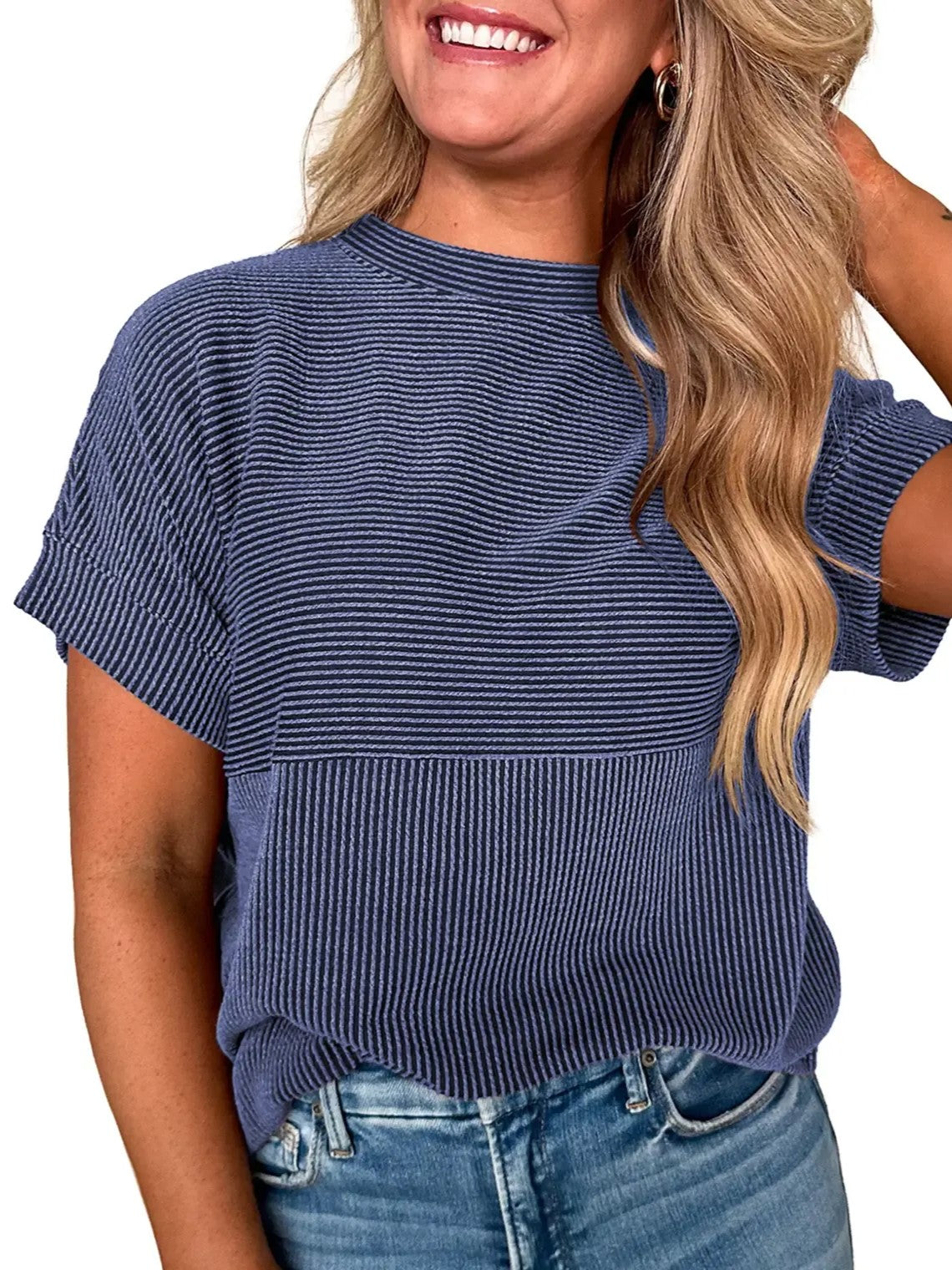Women's Mixed Texture Striped Crew Neck Tee