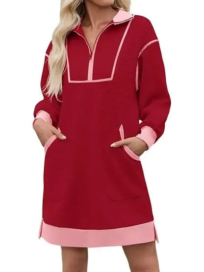 Women's Half Zip Contrast Trim Pocket Dress
