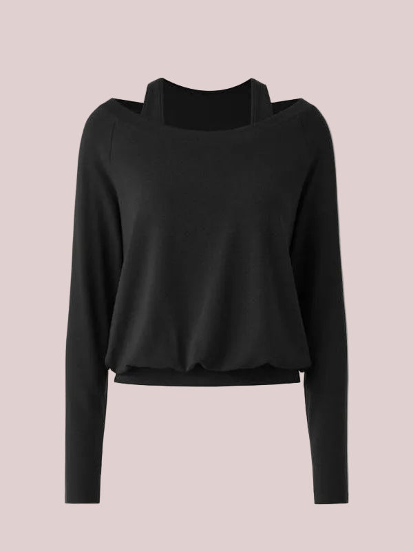 Women's Halter Off-Shoulder Built-in Bra Fake Two-Piece Long Sleeve Top