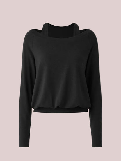 Women's Halter Off-Shoulder Built-in Bra Fake Two-Piece Long Sleeve Top