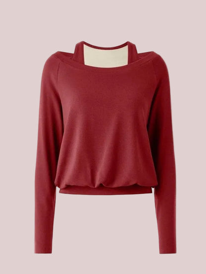 Women's Halter Off-Shoulder Built-in Bra Fake Two-Piece Long Sleeve Top