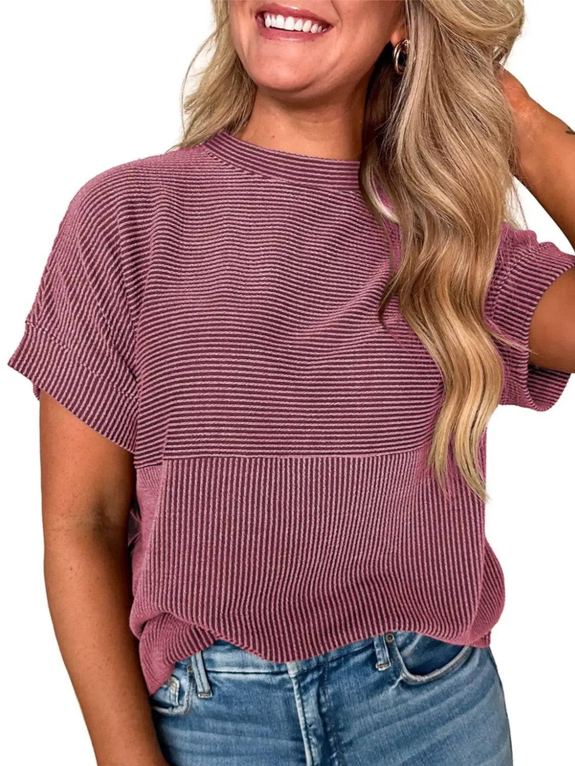 Women's Mixed Texture Striped Crew Neck Tee