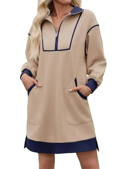 Women's Half Zip Contrast Trim Pocket Dress