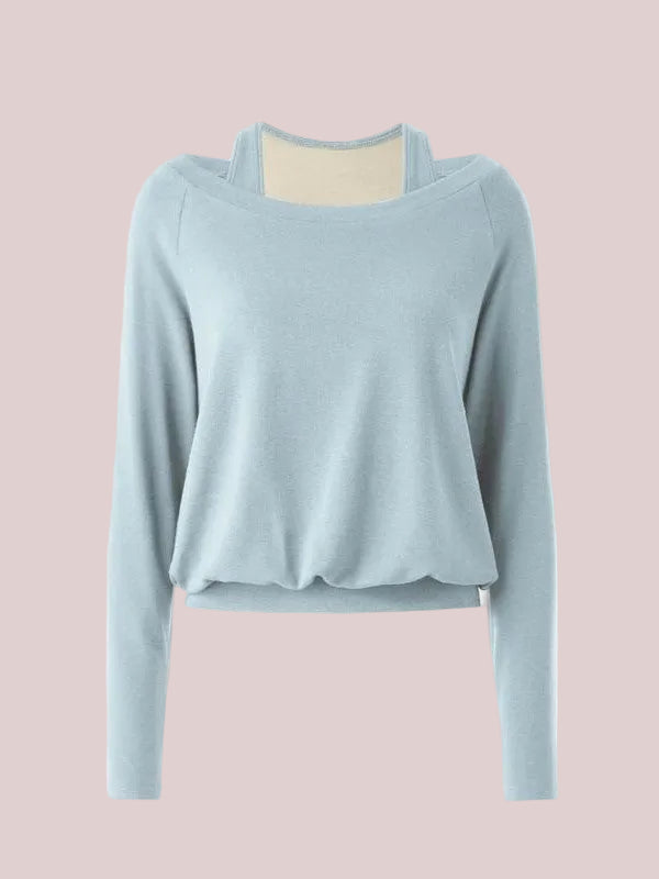 Women's Halter Off-Shoulder Built-in Bra Fake Two-Piece Long Sleeve Top