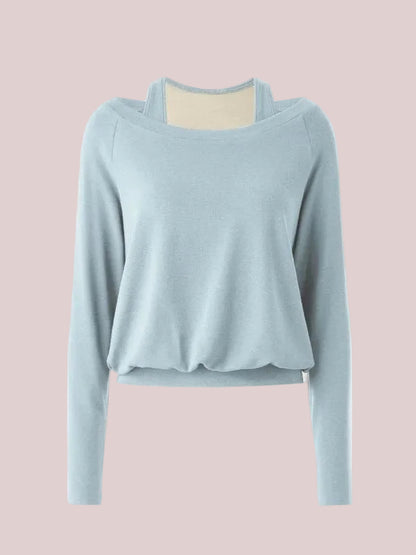 Women's Halter Off-Shoulder Built-in Bra Fake Two-Piece Long Sleeve Top