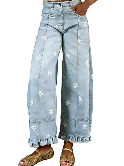 Women's Floral Ruffle Hem Wide Leg Jeans