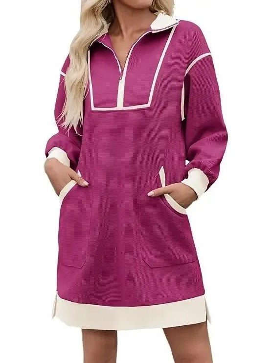 Women's Half Zip Contrast Trim Pocket Dress