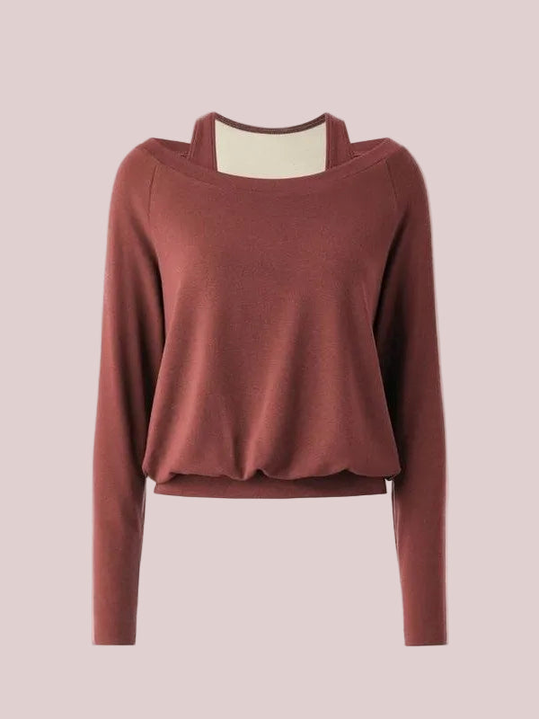 Women's Halter Off-Shoulder Built-in Bra Fake Two-Piece Long Sleeve Top