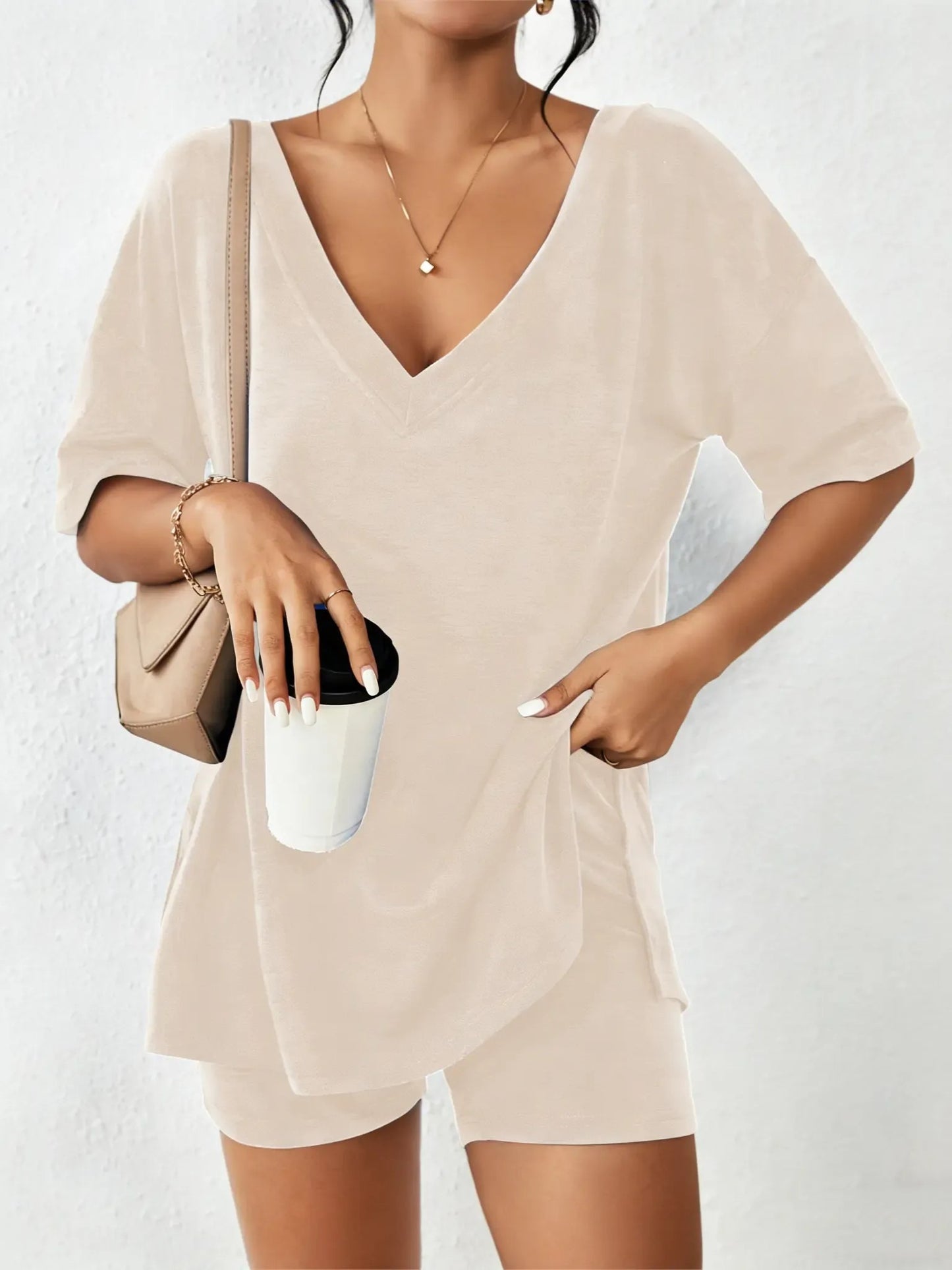 Women's Oversized V Neck Short Sleeve Two Piece Short Set