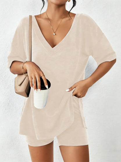 Women's Oversized V Neck Short Sleeve Two Piece Short Set