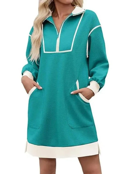 Women's Half Zip Contrast Trim Pocket Dress