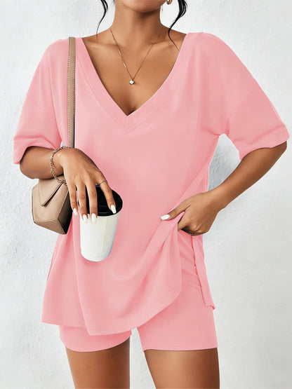 Women's Oversized V Neck Short Sleeve Two Piece Short Set
