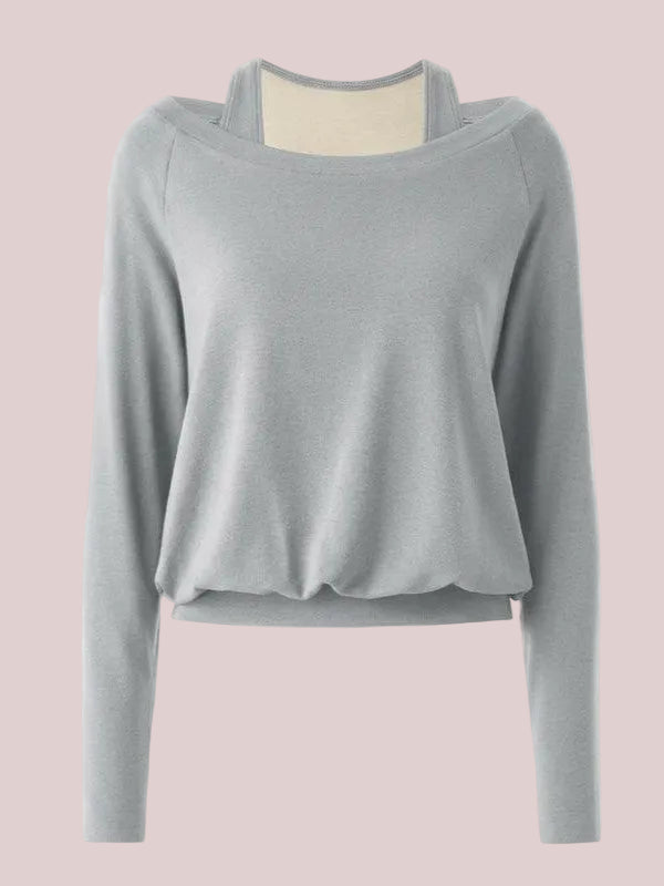 Women's Halter Off-Shoulder Built-in Bra Fake Two-Piece Long Sleeve Top