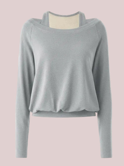 Women's Halter Off-Shoulder Built-in Bra Fake Two-Piece Long Sleeve Top