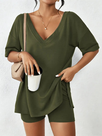 Women's Oversized V Neck Short Sleeve Two Piece Short Set