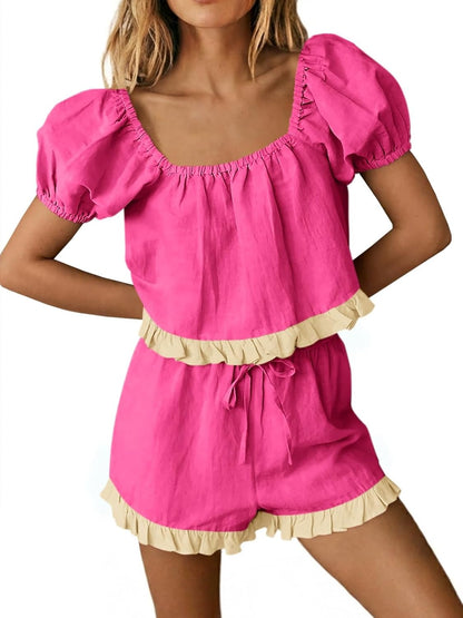 Women's Square Neck Frill Trim Matching Outfit