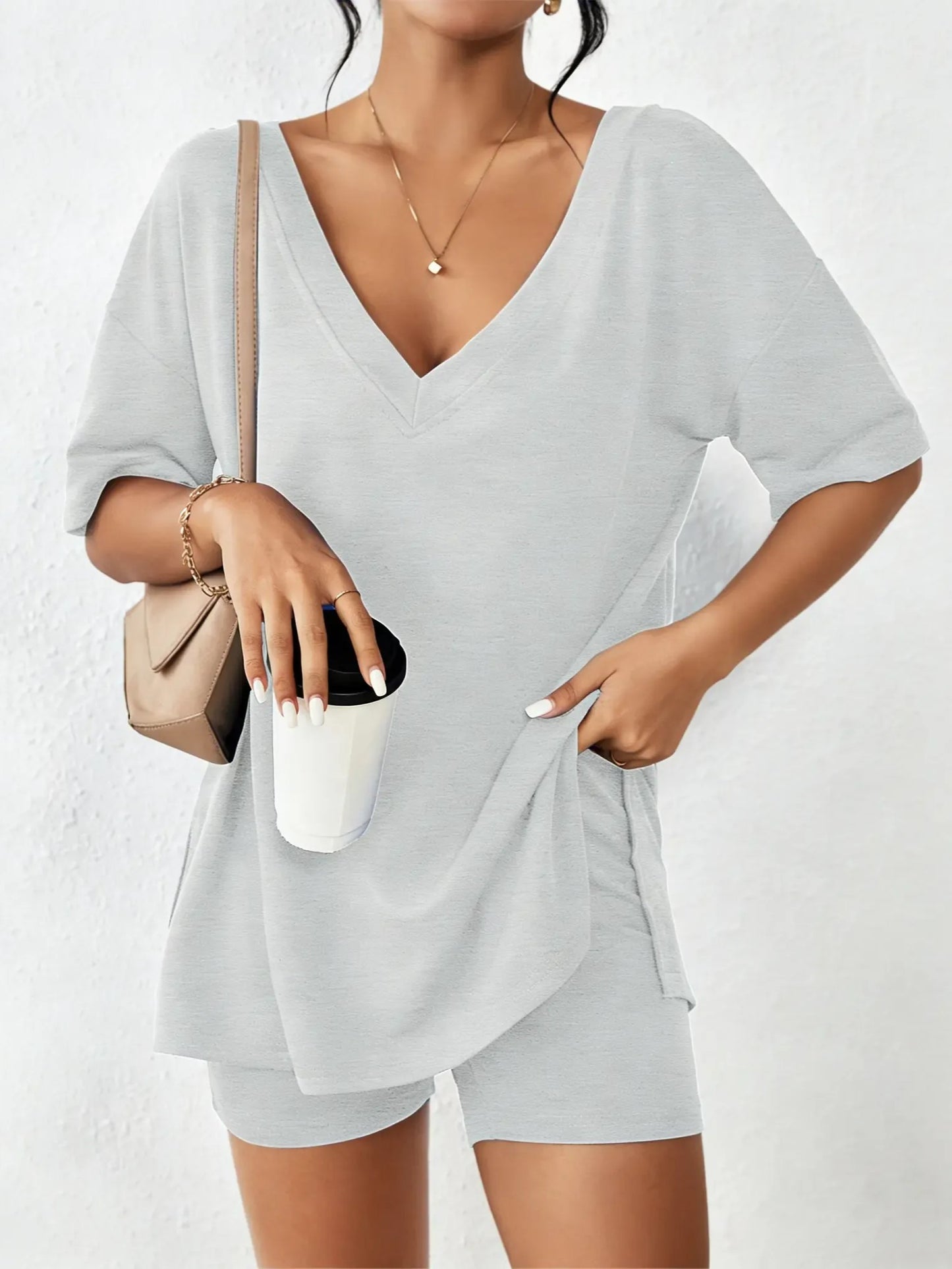Women's Oversized V Neck Short Sleeve Two Piece Short Set