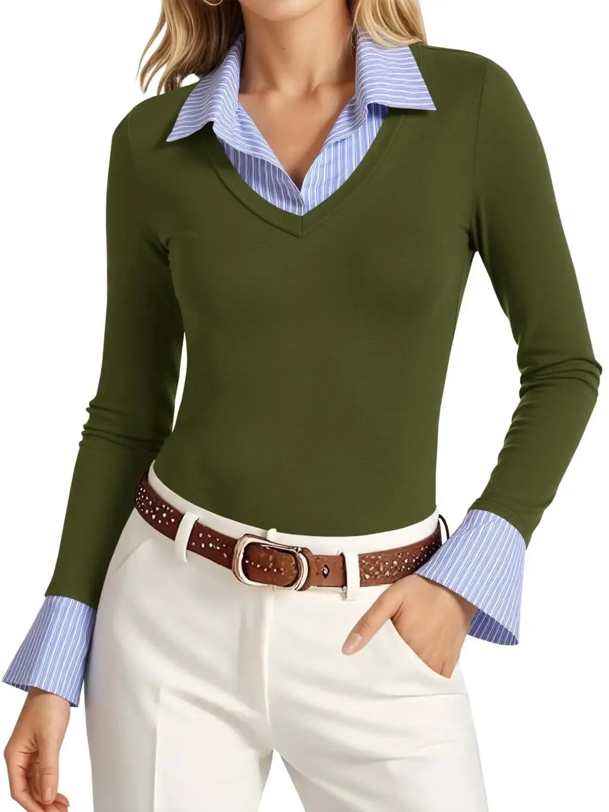 Women's Mock‑Two‑Piece Striped Collar Long‑Sleeve Top