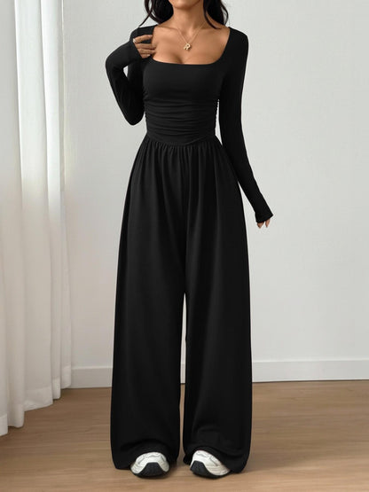Women's Soft Stretchy Square Neck Wide Leg Jumpsuit
