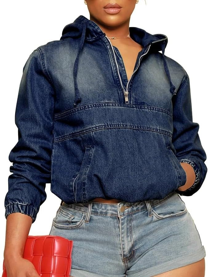 Women's Half Zip Denim Pullover Hoodie With Pockets