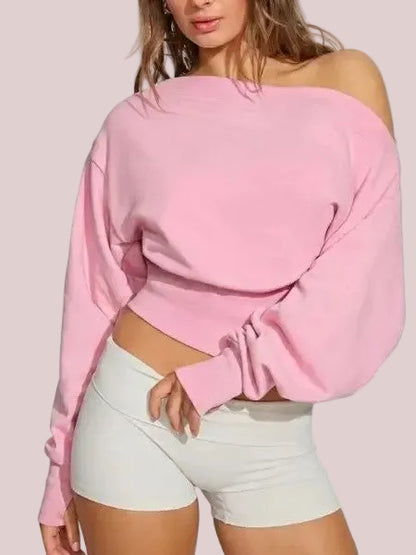 Women's Off Shoulder Cropped Sweatshirt with Thumb Holes