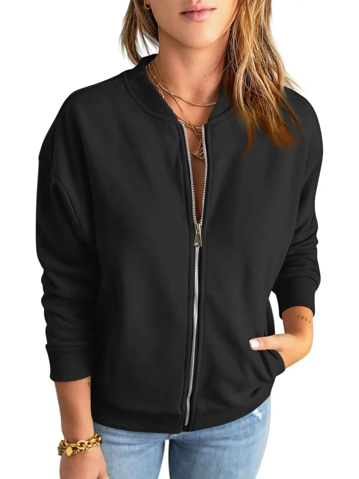 Women's Full Zip Bomber Jacket With Pockets