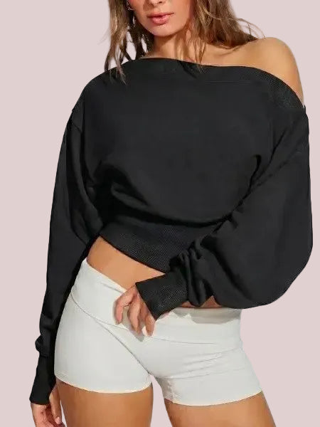 Women's Off Shoulder Cropped Sweatshirt with Thumb Holes