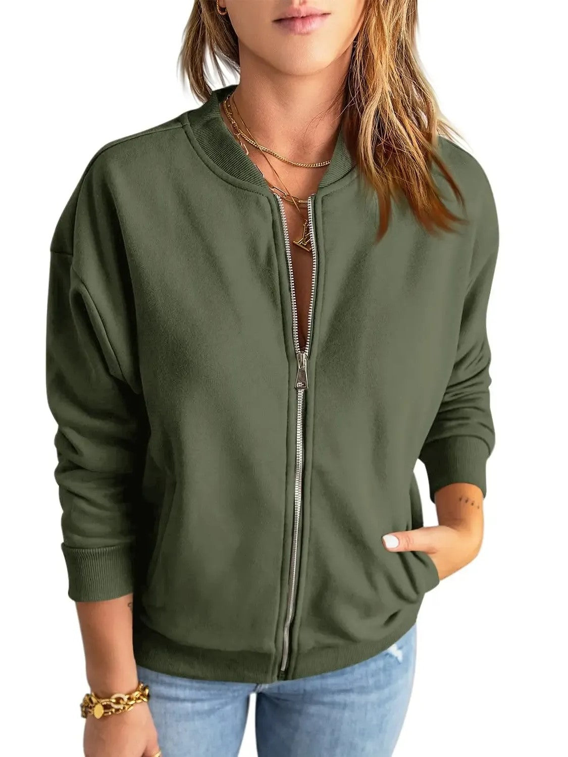 Women's Full Zip Bomber Jacket With Pockets