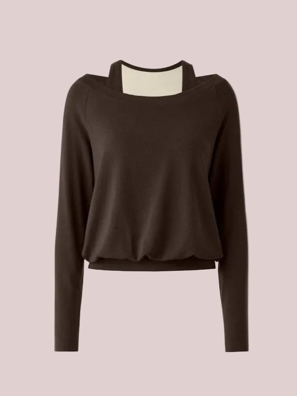 Women's Halter Off-Shoulder Built-in Bra Fake Two-Piece Long Sleeve Top