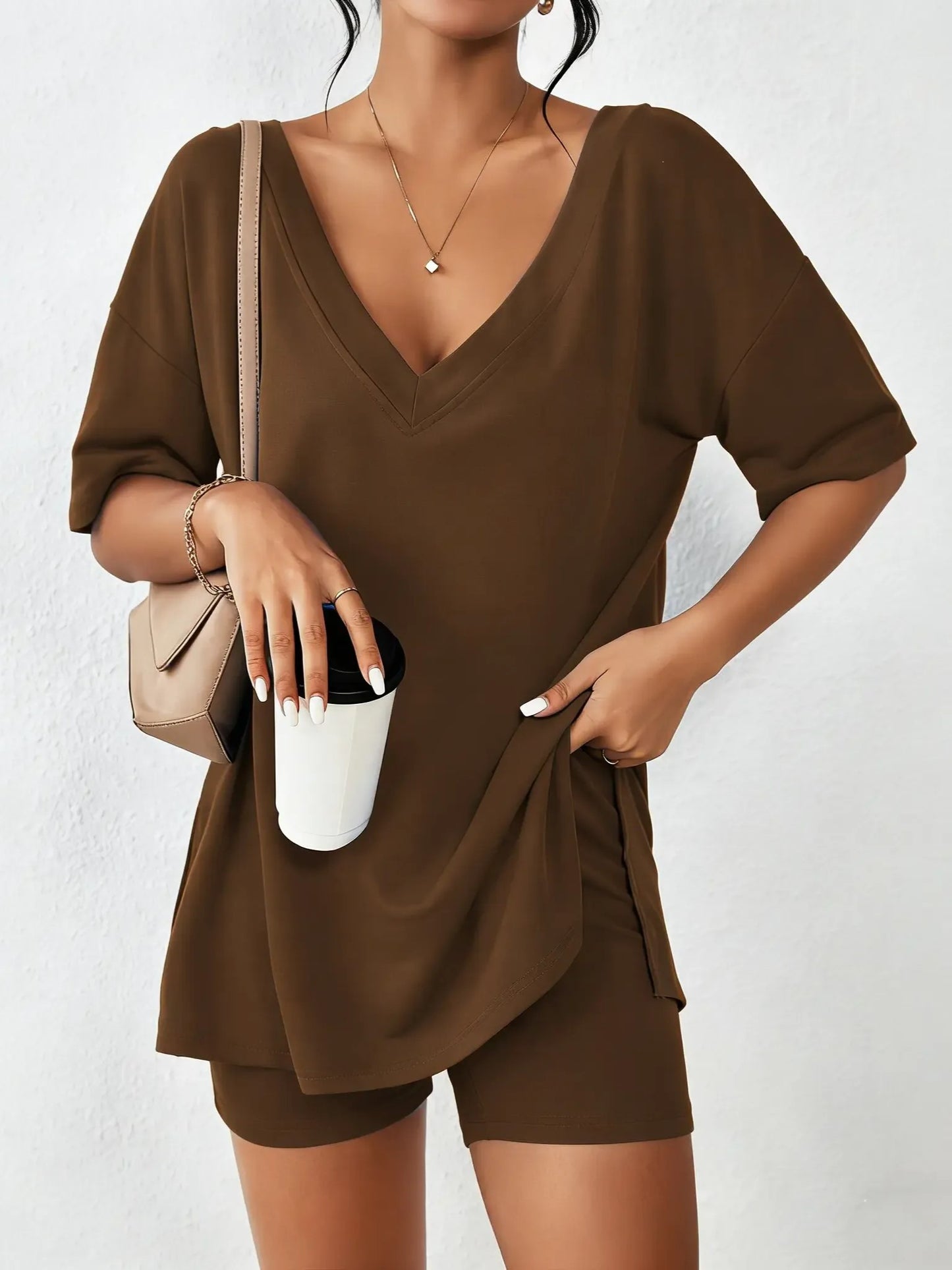 Women's Oversized V Neck Short Sleeve Two Piece Short Set