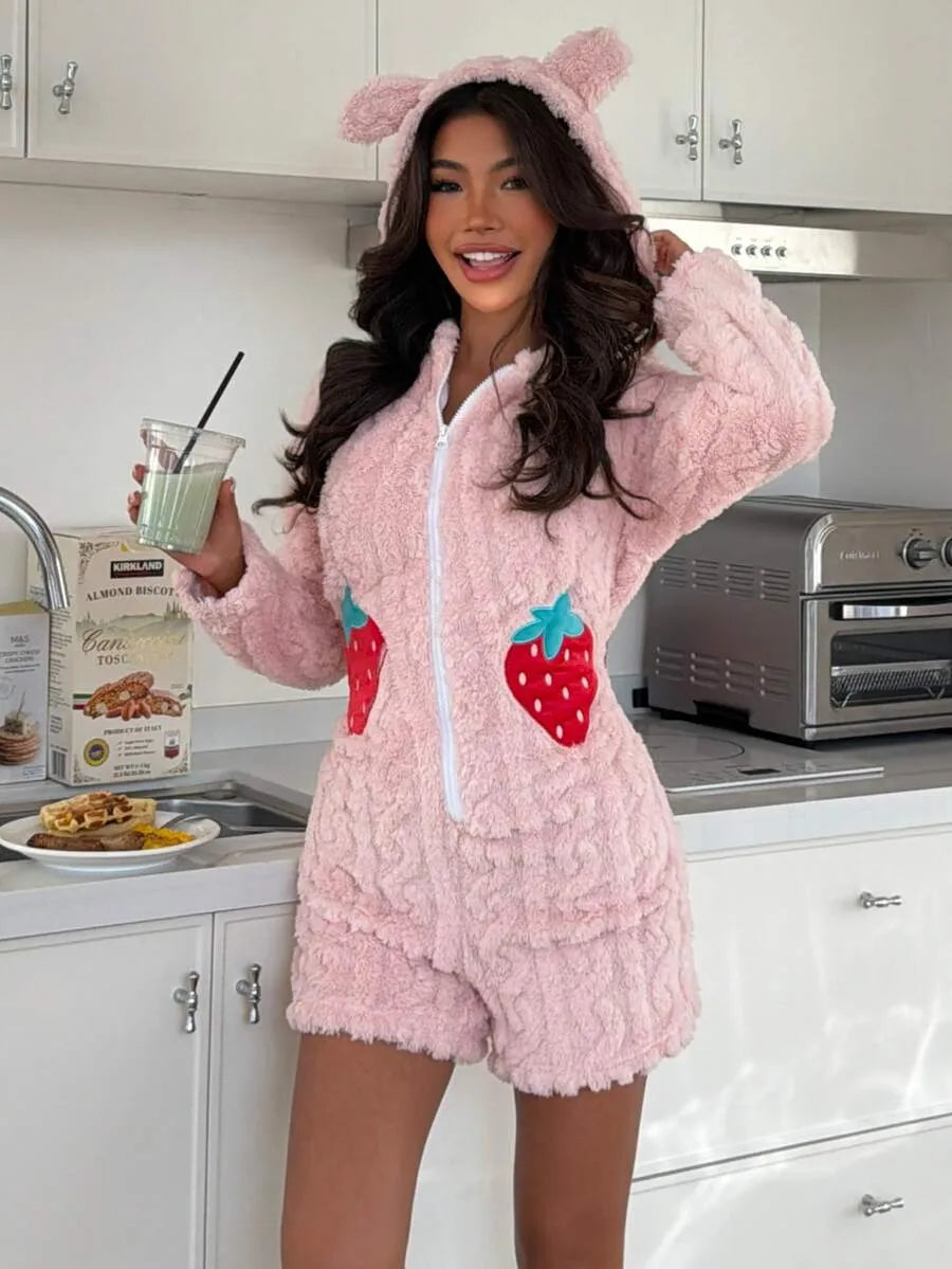Woemn's Fuzzy Hooded Pajamas Romper