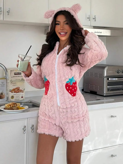 Woemn's Fuzzy Hooded Pajamas Romper