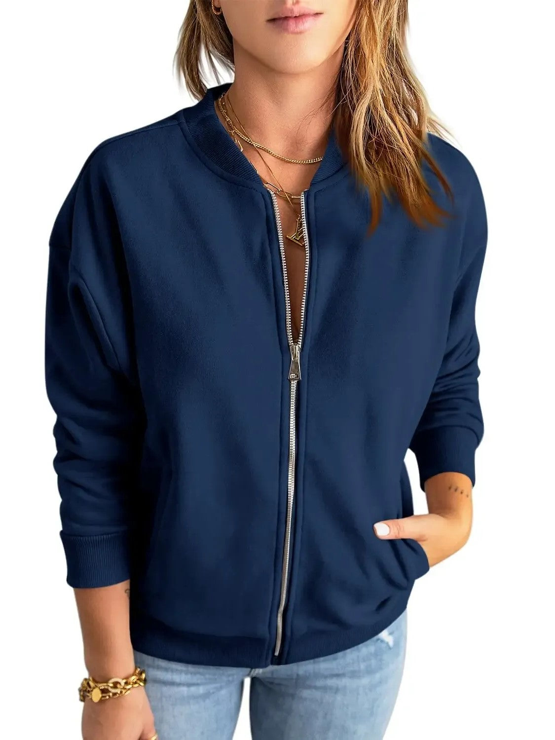 Women's Full Zip Bomber Jacket With Pockets