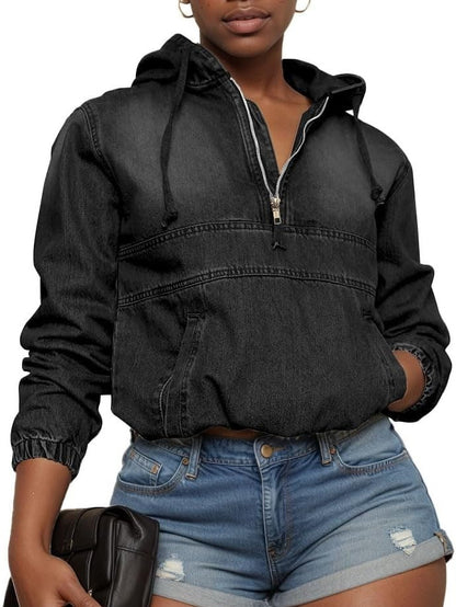 Women's Half Zip Denim Pullover Hoodie With Pockets