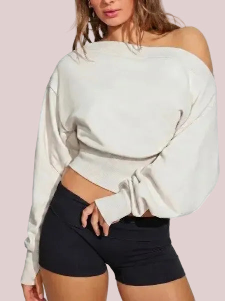 Women's Off Shoulder Cropped Sweatshirt with Thumb Holes