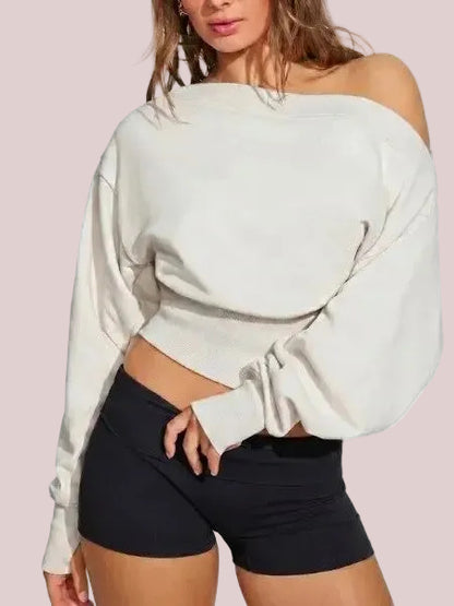 Women's Off Shoulder Cropped Sweatshirt with Thumb Holes
