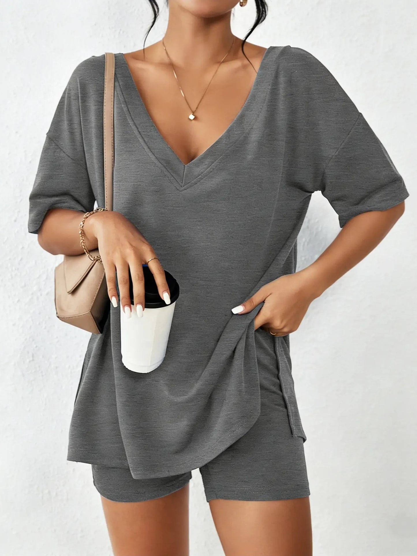 Women's Oversized V Neck Short Sleeve Two Piece Short Set