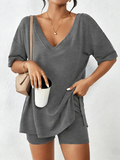 Women's Oversized V Neck Short Sleeve Two Piece Short Set