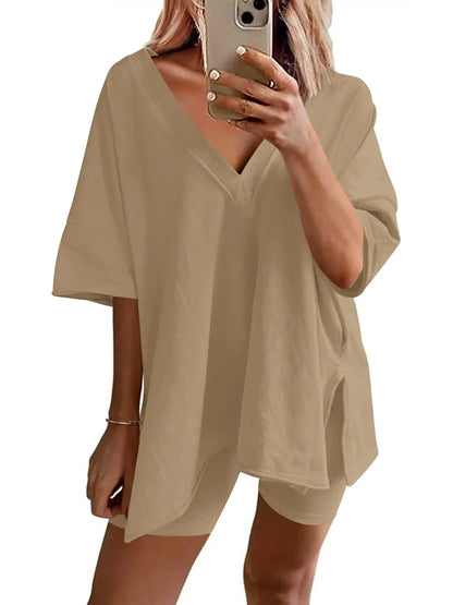 Women's Oversized V Neck Short Sleeve Two Piece Short Set