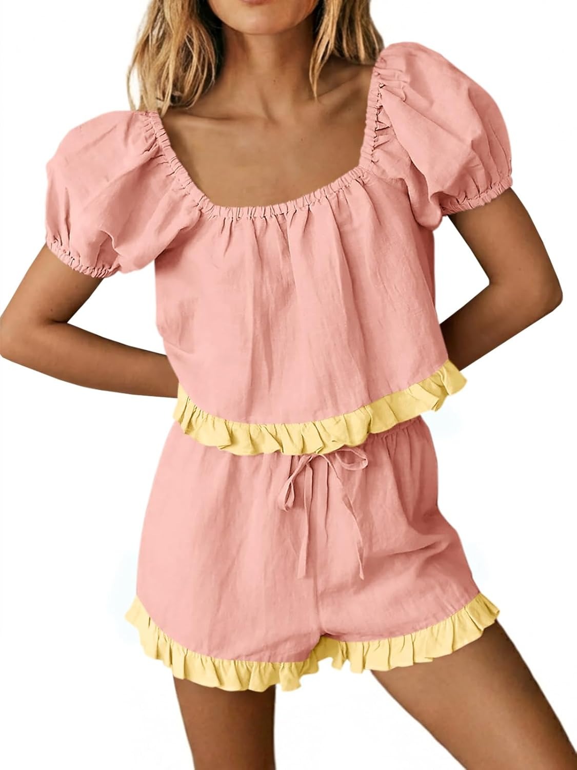 Women's Square Neck Frill Trim Matching Outfit