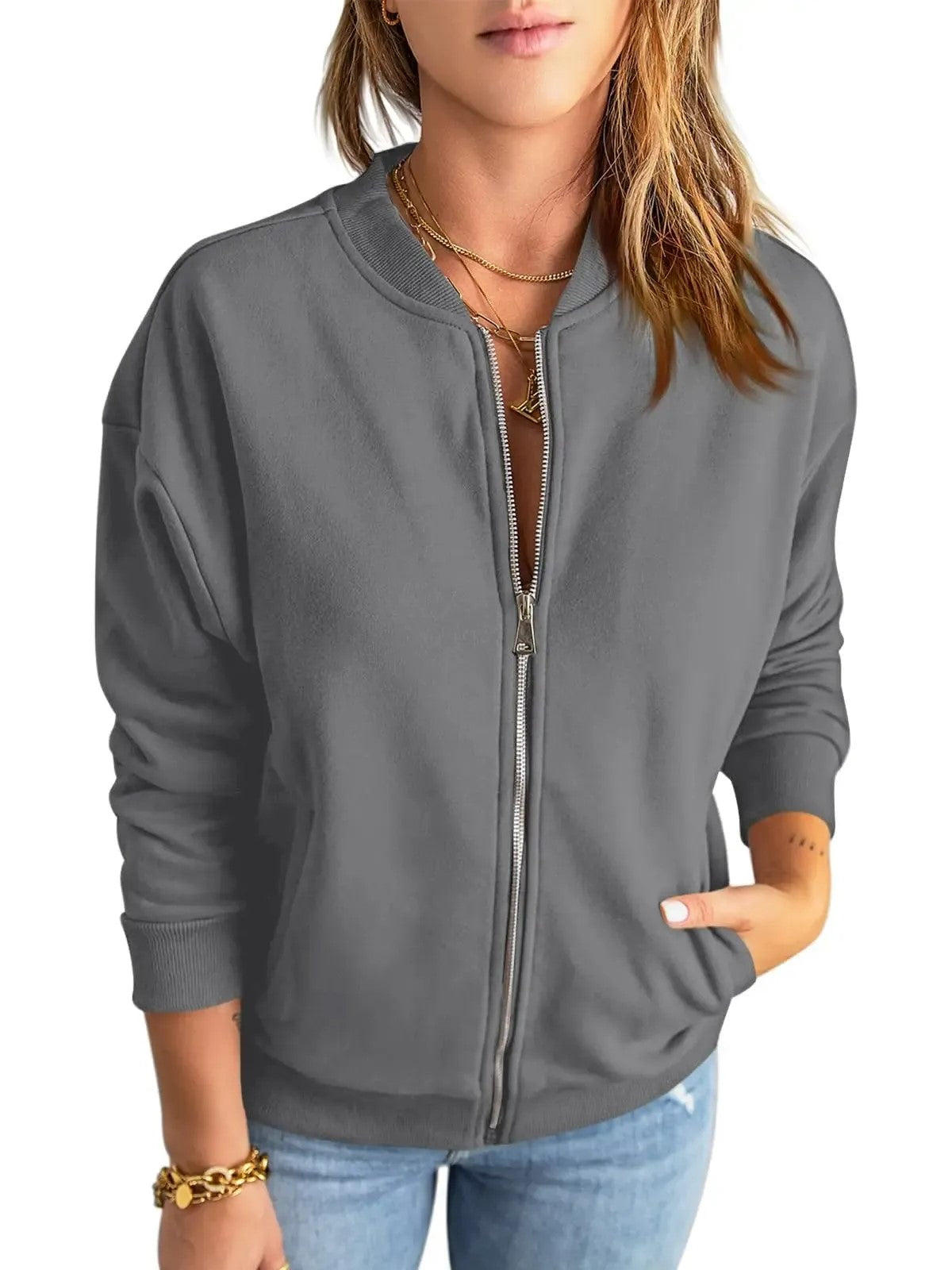 Women's Full Zip Bomber Jacket With Pockets