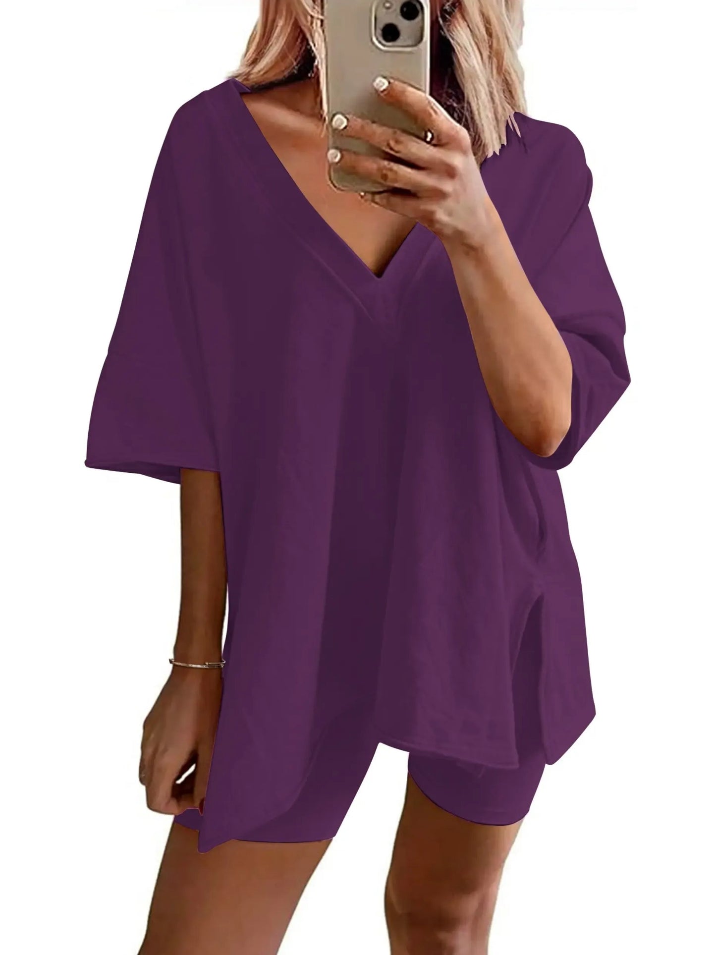 Women's Oversized V Neck Short Sleeve Two Piece Short Set