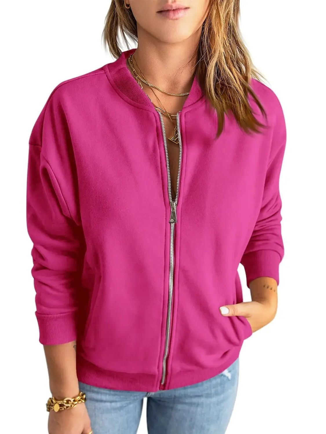 Women's Full Zip Bomber Jacket With Pockets