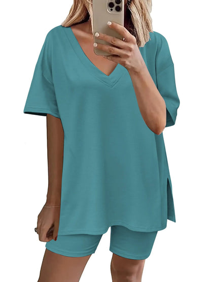 Women's Oversized V Neck Short Sleeve Two Piece Short Set